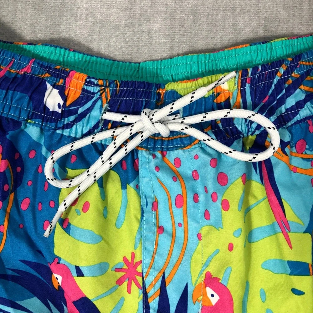 No Boundaries Swim Trunks Men's M 32-34 Blue Tropical Toucan Parrot Print Shorts